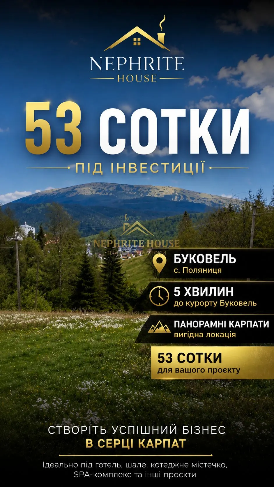53 сотки в географічному центрі Поляниці | 5 хвилин до Буковеля | Ідеально під готель або котеджне містечко